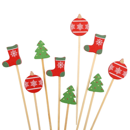 Christmas Decor Bamboo Food Appetizer Fruit Garnish Drink Picks Skewers - 3.9" (10cm) - Christmas Tree, Stocking, Ornament - 100pcs