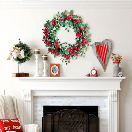 18 Inch Holly Berry Pine Cones Wreath Christmas Wreath for Front Door, Evergreen Winter Holiday Wreath Green Holly Front Door Wreath