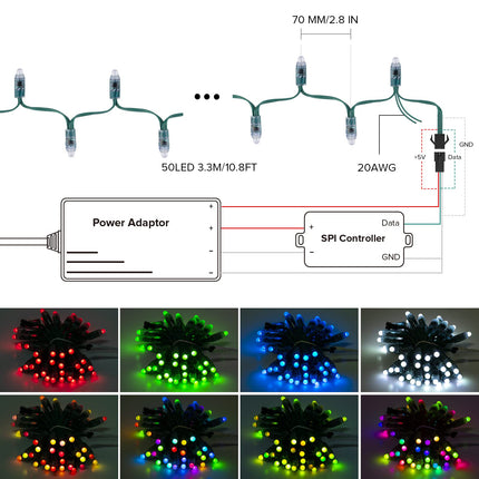 BTF-LIGHTING WS2811 Diffused Digital RGB LED Pixel String Light 12mm Individually Addressable Round LED Module 50pcs/String IP68 Waterproof DC12V