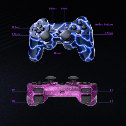 PS3 Controller 2 Pack Wireless Motion Sense Dual Vibration Upgraded Gaming Controller for Sony Play Station 3 with Charging Cord (Blue+Purple)