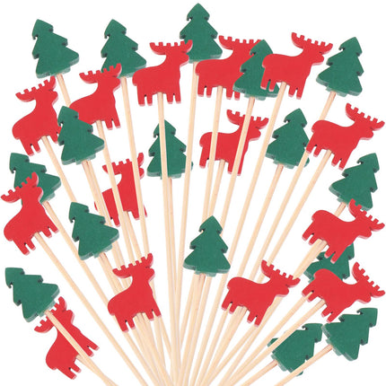 200Pcs Christmas Cocktail Picks for Appetizers, Wood Cocktail Toothpicks for Fruits, Santa Claus Snowflake Snowman Christmas Tree Elk Xmas Holiday Food Picks for Holiday Party Dessert
