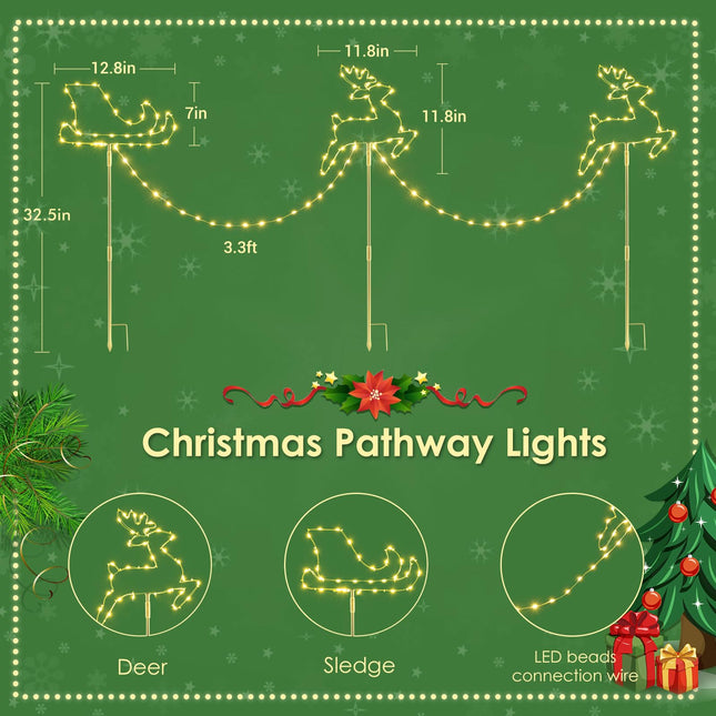 Quntis Christmas Pathway Lights Plug-in, Set of 3 Reindeer and Sleigh Christmas Walkway Decoration, 8 Twinkle Modes, Auto Timer and Memory, IP65 Outdoor Waterproof, Multicolor & Warm White Design