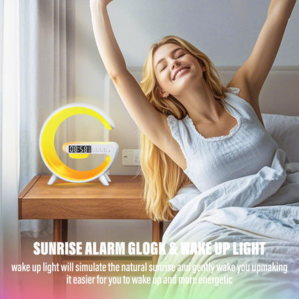 Longzhuo LED Table Lamp with Wireless Charger Atmosphere Lamp Bluetooth Speaker Alarm Clock Night Light for Bedside Dorm Office, Kids Adults Desk Table Lamp Christmas Home Decor (White)