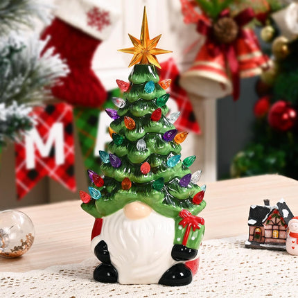 Ceramic Christmas Trees That Light Up Christmas Gnomes, 12" Gnome Christmas Tree with 46 Lights, Small Tabletop Christmas Tree Gnome Christmas Decorations for Home Room Fireplace (Green)