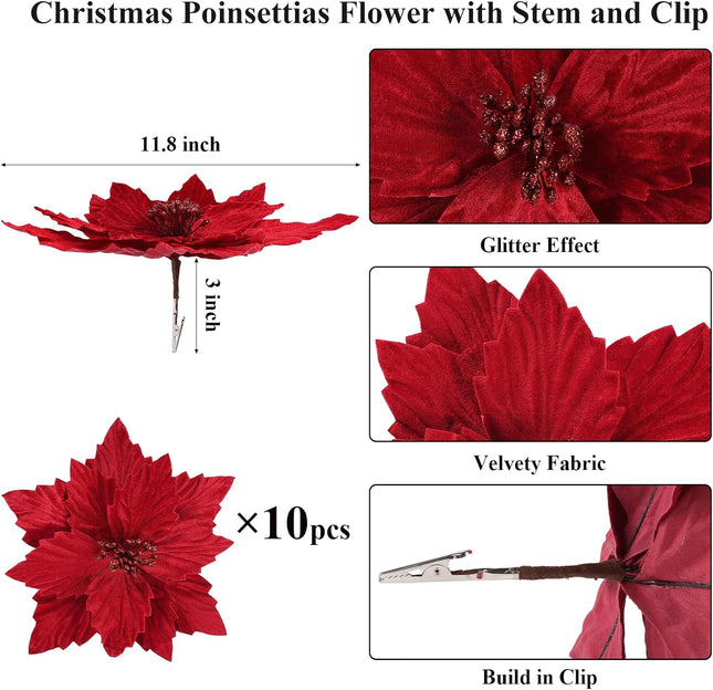 SHACOS 10 pcs 11.8" Artificial Christmas Red Poinsettia Flowers Clips on Large Velvet Floral Picks Christmas Tree Ornaments Wreath Garland Decoration Indoor Outdoor