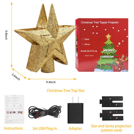 Sparkling Gold Christmas Tree Topper Lighted, 3D Hollow Xmas Tree Decorations, Christmas Tree Star Topper with 2 Projection Modes, Suitable for Party Festivals