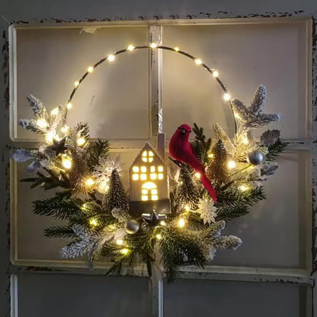 Stunning Prelit Christmas Hoop Wreath for Front Door (16inch),Door Wreath -40 LEDs Lights Adorn, Charming Cardinal & House –Christmas Holiday Winter Decor