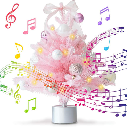 18inch Pink Mini Christmas Tree Small Christmas Tree with Lights and Silver Rotate Music Box Tree Base Pre-Decorated Table Christmas Tree Artificial Xmas Tree with Ornaments Add Festive Charm