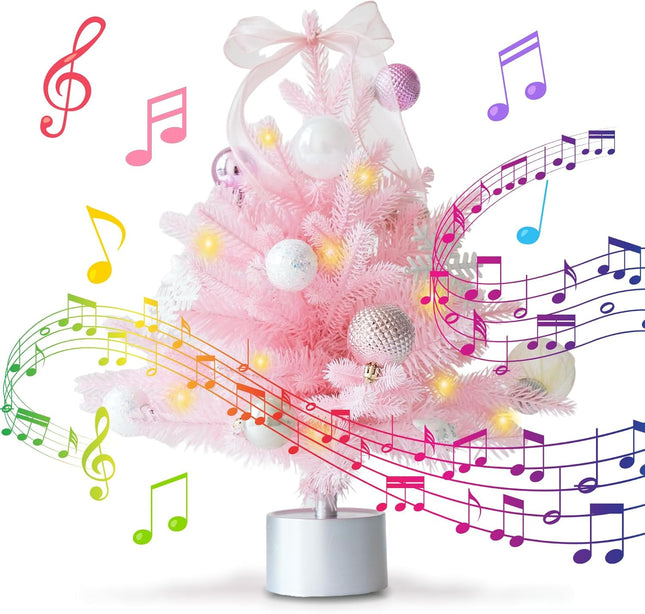 18inch Pink Mini Christmas Tree Small Christmas Tree with Lights and Silver Rotate Music Box Tree Base Pre-Decorated Table Christmas Tree Artificial Xmas Tree with Ornaments Add Festive Charm