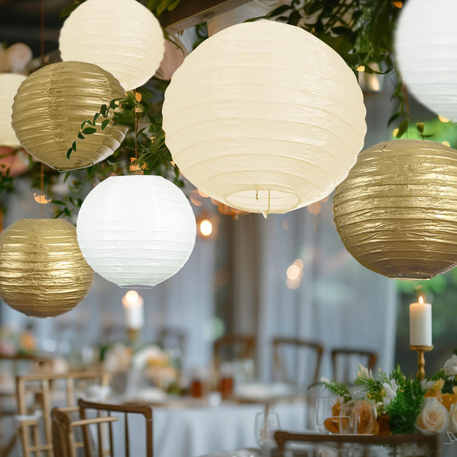 UNIQOOO 18PCS Metallic Gold Paper Lantern Wedding Decoration Set, Assorted Hanging Gold Japanese Paper Lantern, Reusable Easy Assemble, For Year Christmas Birthday Baby Shower Party Favor Supplies