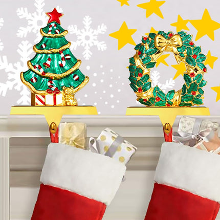 Stocking Holders for Mantel, Christmas Stocking Hangers for Fireplace, Xmas Wreath Theme Holders Stocking Hooks for Mantelpiece, Metal Christmas Tree Stocking Hangers for Xmas Decoration