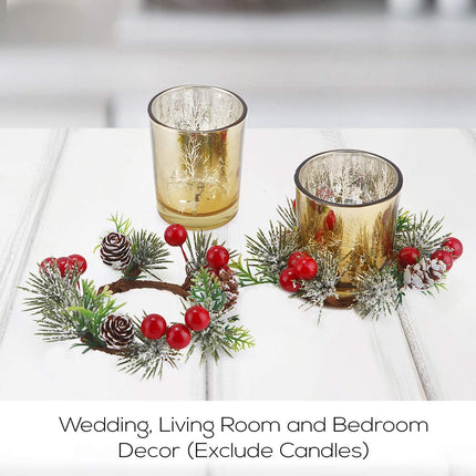 Christmas Votive Candle Holders with Pinecone Berry Candle Wreath Ring, Decorative Glass Tealight Candle Holder Set of 4 for Home, Wedding, Living Room and Bedroom Decor(Exclude Candles)