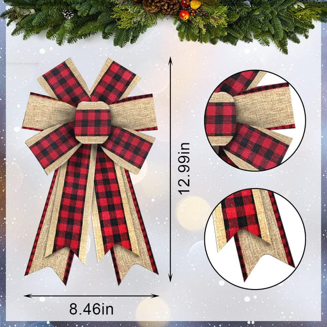 2PCS Christmas Wreath Bows, Red Black Buffalo Plaid Bows for Wreath Beige Rustic Farmhouse Bows for Front Door Winter Christmas Tree Bows for Year Indoor Outdoor Xmas Decorations