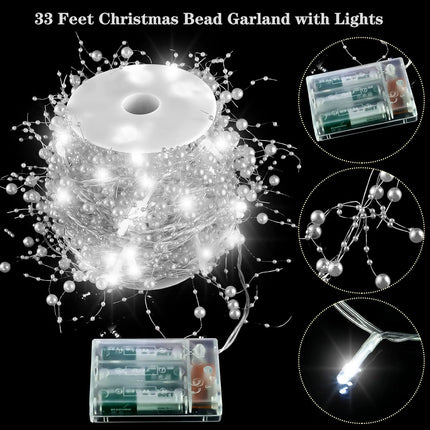 33 Feet Christmas Berry Beaded Garland String Light Mantel Garland Christmas Fireplace Decorations, Glitter Garland LED Bead Garland for Fireplace Indoor Outdoor Decor(Silver)