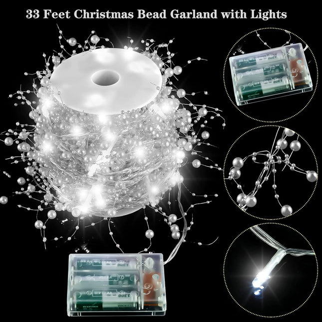 33 Feet Christmas Berry Beaded Garland String Light Mantel Garland Christmas Fireplace Decorations, Glitter Garland LED Bead Garland for Fireplace Indoor Outdoor Decor(Silver)
