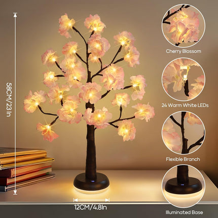 Lighted Cherry Blossom Tree, 23 in Artificial Cherry Blossom Tree with LED Lights, Battery and USB-C Powered Tree Lamp, Fairy Night Light for Bedside, Wedding, Living Room, Home Decor Indoor