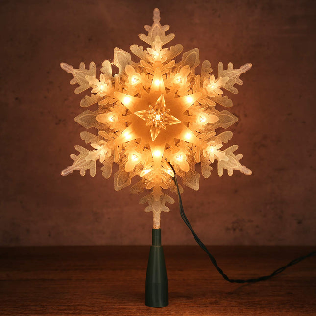 Brizled Christmas Snowflake Tree Topper, 9.25in Lighted Christmas Treetop with 20 Warm White Lights, 120V UL Plug in Christmas Tree Top Star for Xmas Tree Indoor Party Home Office Decoration