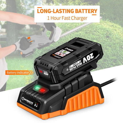 WORKSITE 20V Hedge Trimmer Cordless, Lightweight Bush Trimmer with 20-Inch Dual Steel Blade, Battery & Fast Charger Included