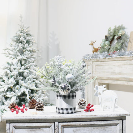 SY Super Bang Small Buffalo Check Plaid Christmas Tree, Artificial Mini Tabletop Christmas Tree Decorations with Silver Ornaments, for Home Holiday Indoor Party Xmas Decor.