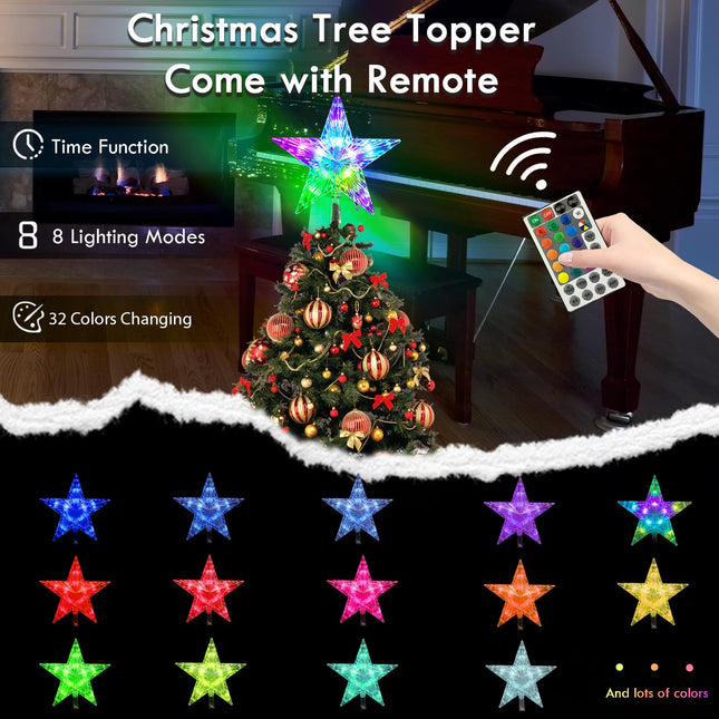 Christmas Tree Topper Star, 9.5 Inches Multi-Color LED Lighted Christmas Treetop Decorations with Remote, USB Powered for Xmas Holiday Party Decor for Indoor/Outdoor