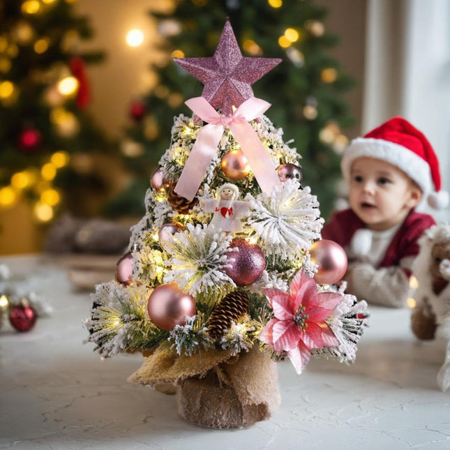 Mini Small Little Tabletop Prelit Christmas Tree 17.7 Inch Decorated Artificial Snow Xmas Tree with Ornaments Bow Pentagram Pinecones and LED String Lights,Pink