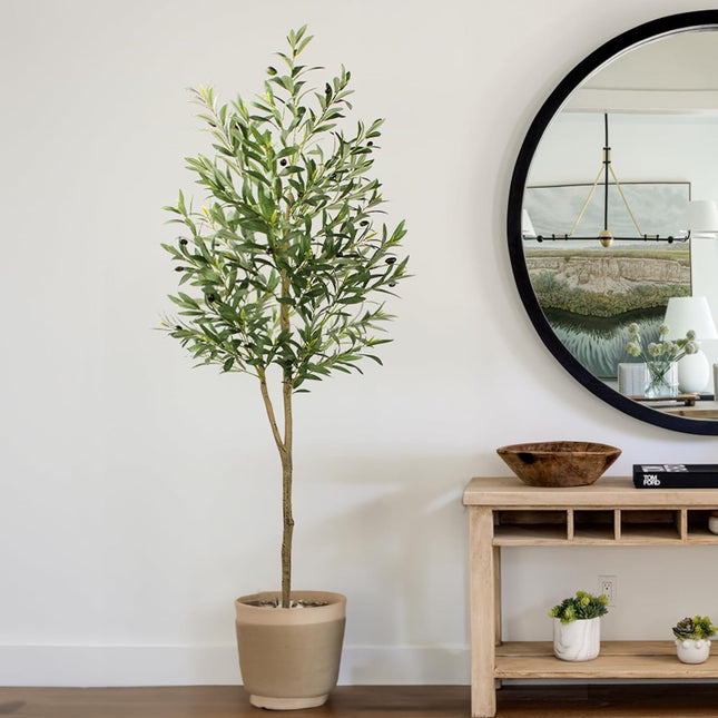 Artificial Olive Tree, 6ft Tall Fake Olive Trees with Plastic Pot for Office and Home Decor, Decorative Artificial Olive Plant for Indoors and Outdoors, All Year Round Decoration