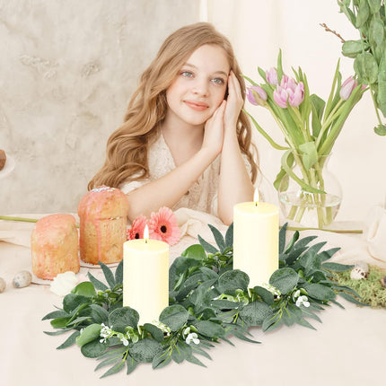 Thinkday 4 Pcs Candle Rings Artificial Eucalyptus Leaves Wreath Small Boho Wreath Pillar Candle Holder for Spring Summer Wedding Home Door Tabletop Decoration