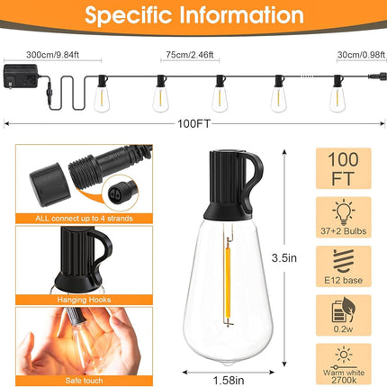 Outdoor String Lights for Patio, 100ft Waterproof Shatterproof Hanging Lights with Remote, Dimmable Outside Lighting for Porch Deck Garden Backyard