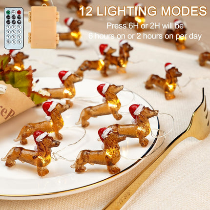 BOHON Dachshund Christmas Lights 10ft 30 LEDs Weiner Dog Christmas Decorations Fairy String Lights Battery Operated Dachshund for Indoor Party Tree Puppy Pet Themed Ornament with Remote