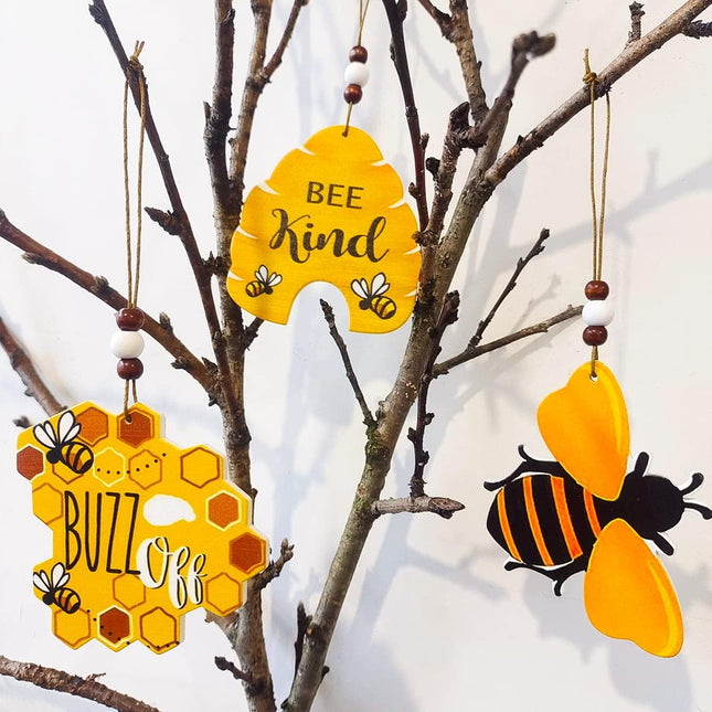 10 Pcs Bee Ornaments Beehive Wood Bumble Bees Cutouts Decorations Honeycomb Sign Crafts for Tree Tree Tray Wreath Christmas Festival Home Hanging Decor, Bulk