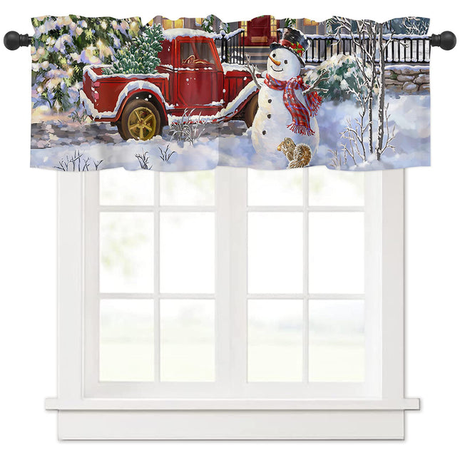 Christmas Snowman Valances Windows Curtain Red Truck with Xmas Tree Kitchen Valances Rod Pocket Snowy Winter Short Topper Curtains for Winter Holiday Christmas Decorations 1 Panel,54 by 18 inches