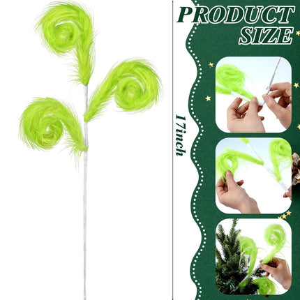 6 Pcs Green Furry Christmas Tree Picks 17'' Furry Spiral Curly Sprays Elf Ornaments Green Woolen Bells Curly Pick Christmas Tree Picks Decorations Topper Filler Branches Home Office Party s