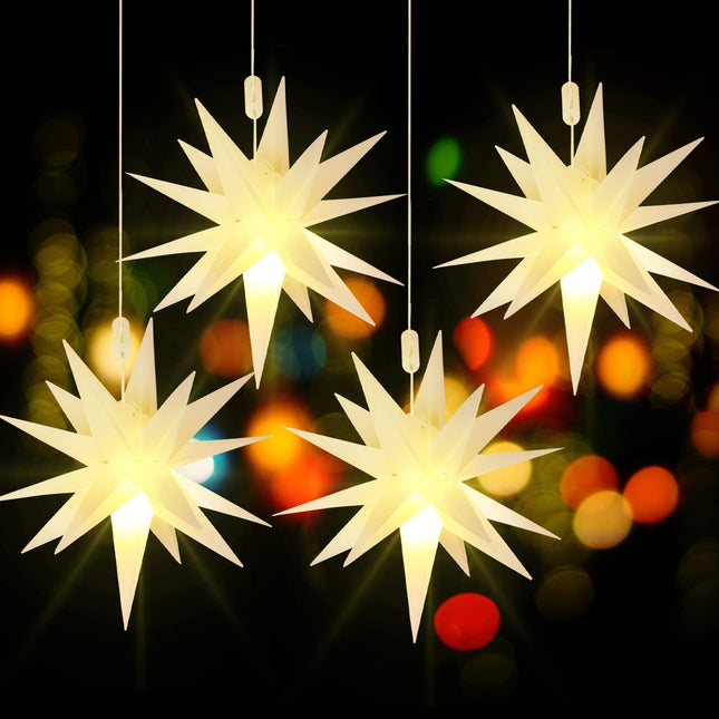 Kingdder 4 Pieces Moravian Star Light LED 3D Star Hanging Light Powered by Battery with Timer Function White Porch Light Holiday Decor for Indoor Outdoor Christmas Trees Balconies Courtyards (12 Inch)