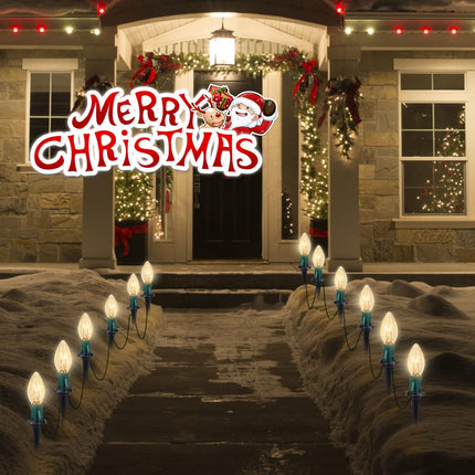 C9 Christmas Pathway Lights, 38FT Clear Christmas Pathway String Lights with 25 Incandescent Bulbs and Stakes for Outdoor Walkway Driveway Backyard Christmas Decorations, Warm White