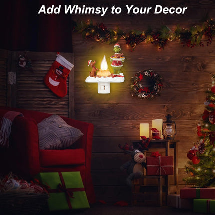 Grinnch Christmas Decorations, Ghost Campfire Flickering Nightlight Grinnch Holding Food Ornaments, Christmas Night Lights Plug into Wall Decorations for Wall Party Bedroom Living Room Hallway