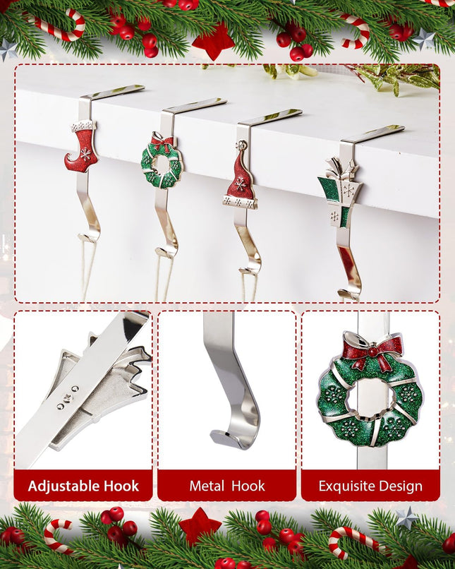 Christmas Stocking Holders for Mantles Set of 4, Colorful Stocking Hangers for Fireplaces, 4 Pack Non-Slip Stocking Hooks for Mantle, Stocking, Wreath, Hat, Hook for Christmas Party Decorations