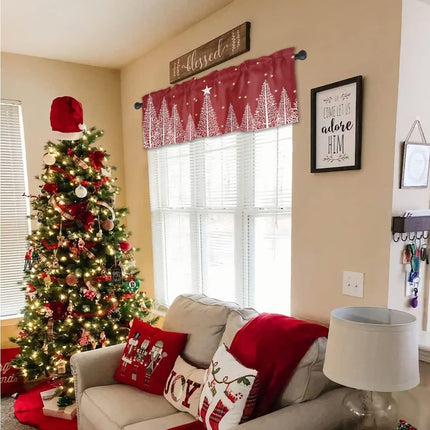 ALAGEO Christmas Tree Valances Windows Curtain Winter Snowscape Red Kitchen Valances Rod Pocket Window Treatment Short Topper Curtains for Winter Holiday Christmas Decorations 1 Panel,54 by 18 inches
