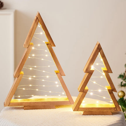 2 Pack Wooden Tabletop Christmas Trees with Lights, Modern Christmas Decorations Indoor, Farmhouse Christmas Decor Small Tree for Table Top, Mantle, Shelf (Large-14.2 in, Small-10.2 in)