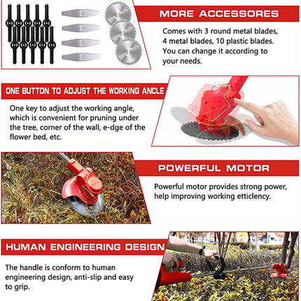 Weed Wacker Cordless Grass Trimmer Weed Eater Electric Brush Cutter Quick Charger Cordless Lightweight Electric Edger Lawn Tool for Lawn Garden Pruning and Trimming(Red)