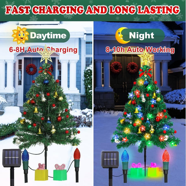 Solar Christmas Tree Lights,30inch Solar Christmas Path Lights with Star Topper,2 Pack Outdoor Christmas Tree Solar Garden Lights with Decors and Star for Garden Pathway Cemetery Decor