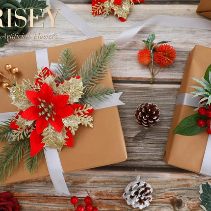 Christmas Artificial Flowers Poinsettia Christmas Flower Mix Silk Flowers Fake Roses with Stems for DIY Table Centerpieces Christmas Tree Xmas Wreath Holiday Home Party Decor
