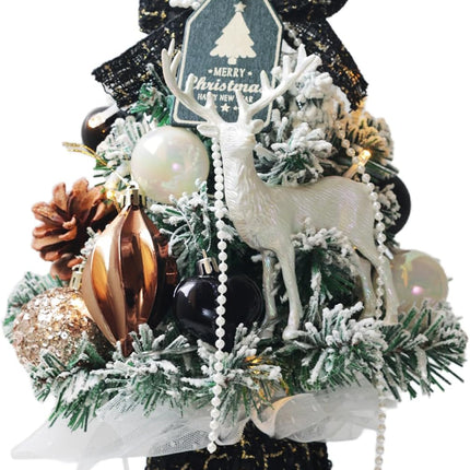 Small Christmas Tree Mini Tabletop Snowy Artificial Xmas Pine Trees with Wooden Base Decorative Ornaments Balls Festive DIY Desk Table Decoration Cute Warm Present (Black)