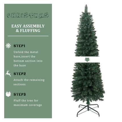 XmasExp Green Skinny Pencil Christmas Tree, 5ft Artificial Slim Thin Christmas Tree with Warm LED Lights String 8 Lighting Modes and Christmas Ball Onaments