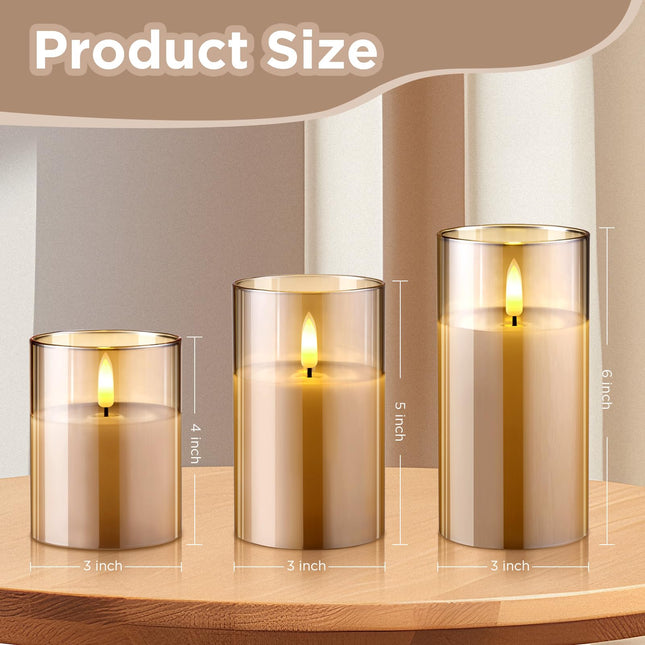 Lecone Glass Flameless Candles, Battery Operated Flameless Candles with Remote Control and Timer, Real Wax Candles LED Flickering Light for Festival Wedding Home Party Christmas Decor(Pack of 3)-Gold