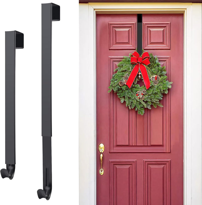 WISYOK Wreath Hangers for Front Door, Extra Long Door Hanger Hook Adjustable from 15 to 25 Inches, Black Metal Hook Over The Door for Christmas Halloween Autumn Decor