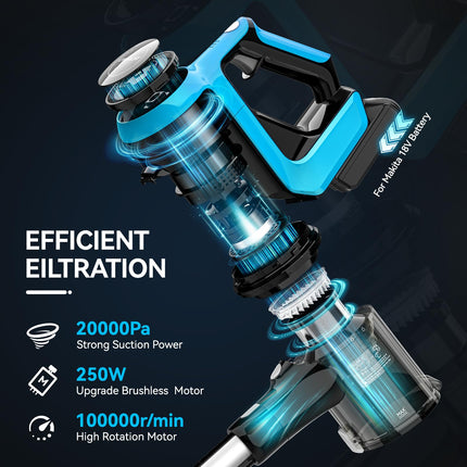 Livowalny Cordless Vacuum Cleaner For Makita 18V Battery, 6 In 1 Lightweight Stick Vacuum With 2 Mode Suction, 250W Brushless Motor, 20Kpa Stick Cordless Vacuum For Hardwood Floor Pet