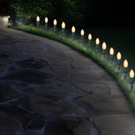38FT C9 LED Christmas Pathway Lights,25 Warm White Connectable Weatherproof LED Christmas Walkway Lights with C9 LED Bulbs and Stakes for Driveway Yard Lawn Sidewalk Christmas Decoration