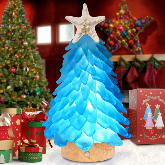 Sea Glass Christmas Tree,8.6 inches Mini Christmas Tree with Lights,Beach Nautical Themed Seaglass Christmas Tree for Table top, Christmas Decorations Indoor,Blue Christmas Tree