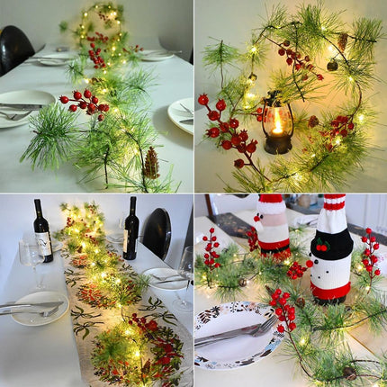Christmas Garland Lights 6.56 FT Smokey Pine Garland with 30 LED Fairy Lights Battery Operated Garland Lights with Red Berries Bells Pine Cones Garland Christmas Lights Indoor Home Decorations