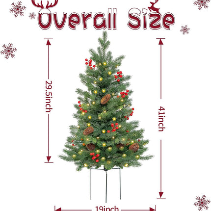 2 Set 30Inch Outdoor Christmas Tree, Pre-Lit 50LED Solar Power Christmas Porch Decorations Outdoor Tree, Hundreds Branch Tips Lush, Pine Cones, Red Berries and Red Ball (Classic Green)